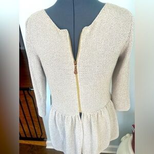 Vintage Zara Knit Sz L Oatmeal w/ Metallic Gold Flecked Zipper Peplum Sweater